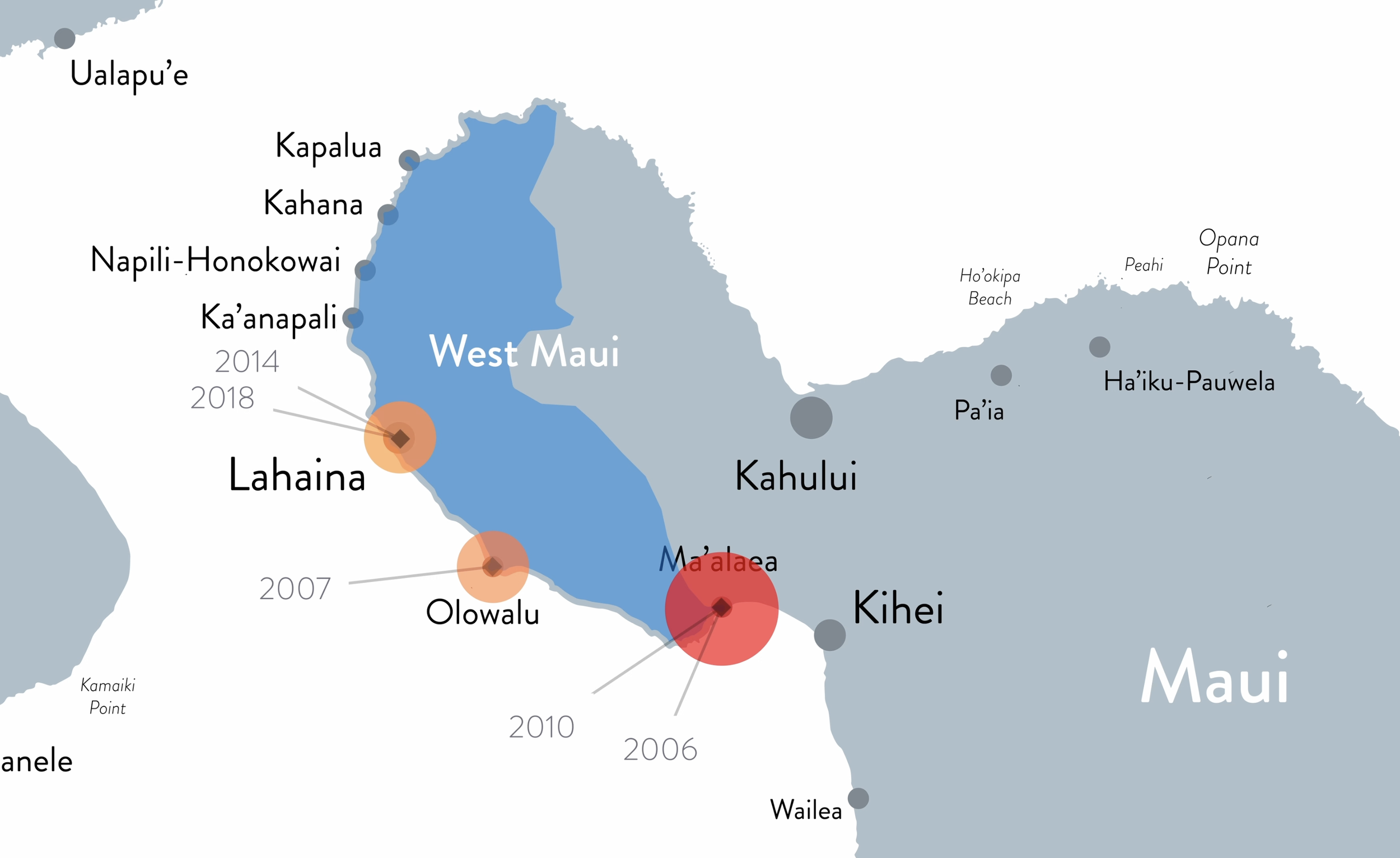 A map of historical fire impacts in West Maui.