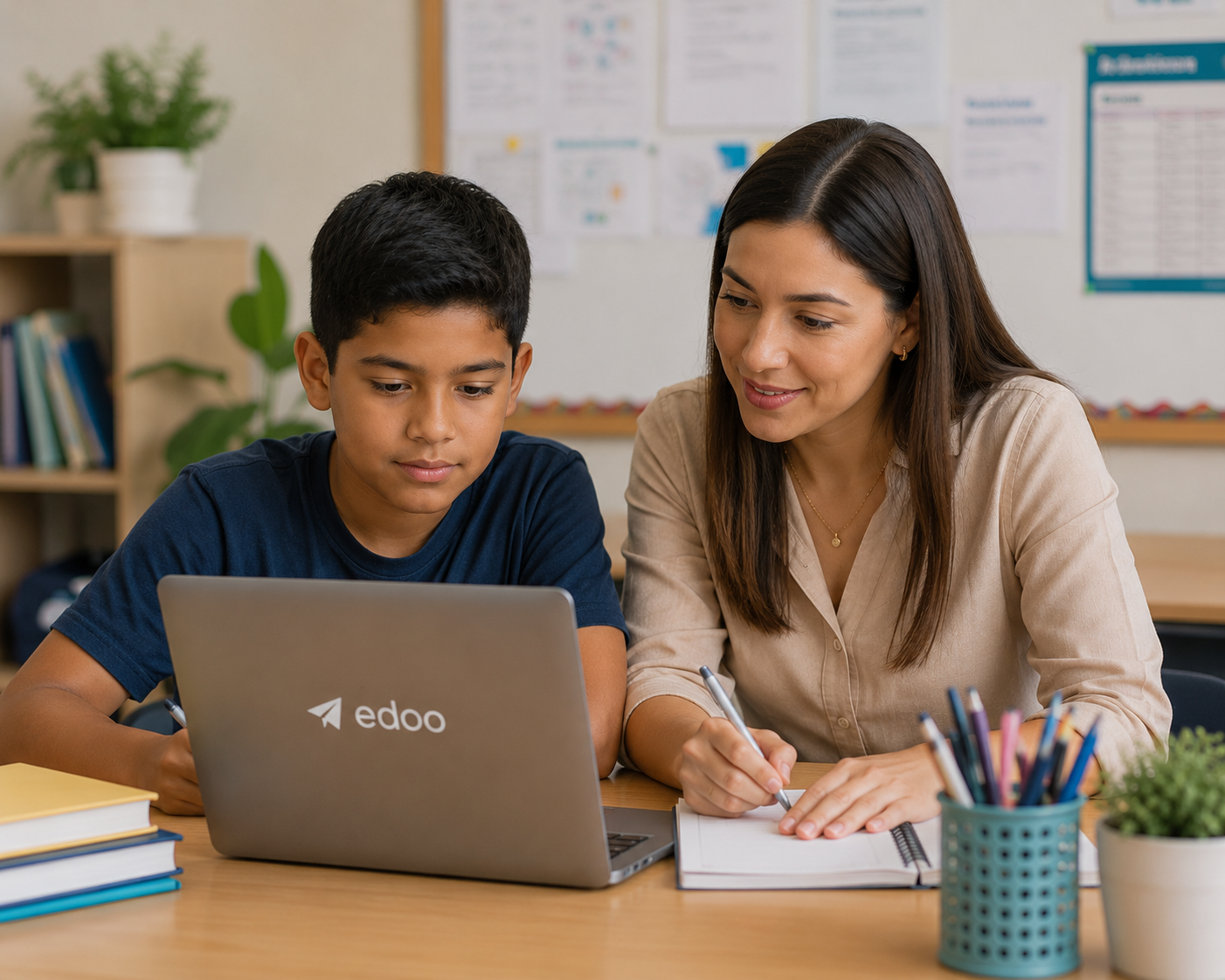 Docente y estudiante usando Edoo en el aula