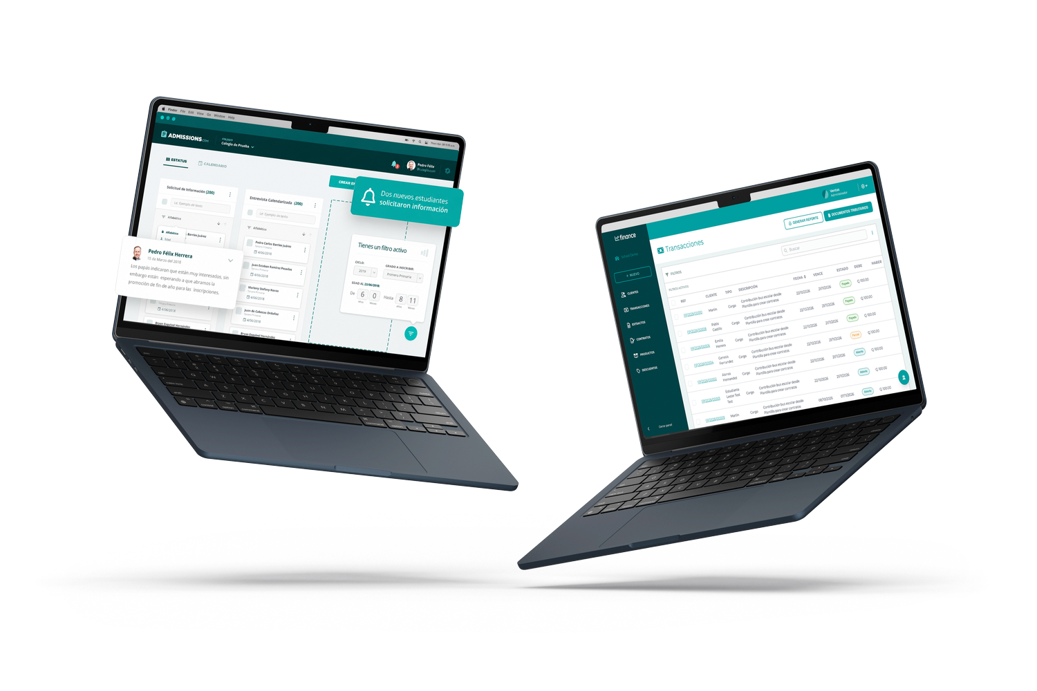 Edoo admissions y edoo finance en dos laptops