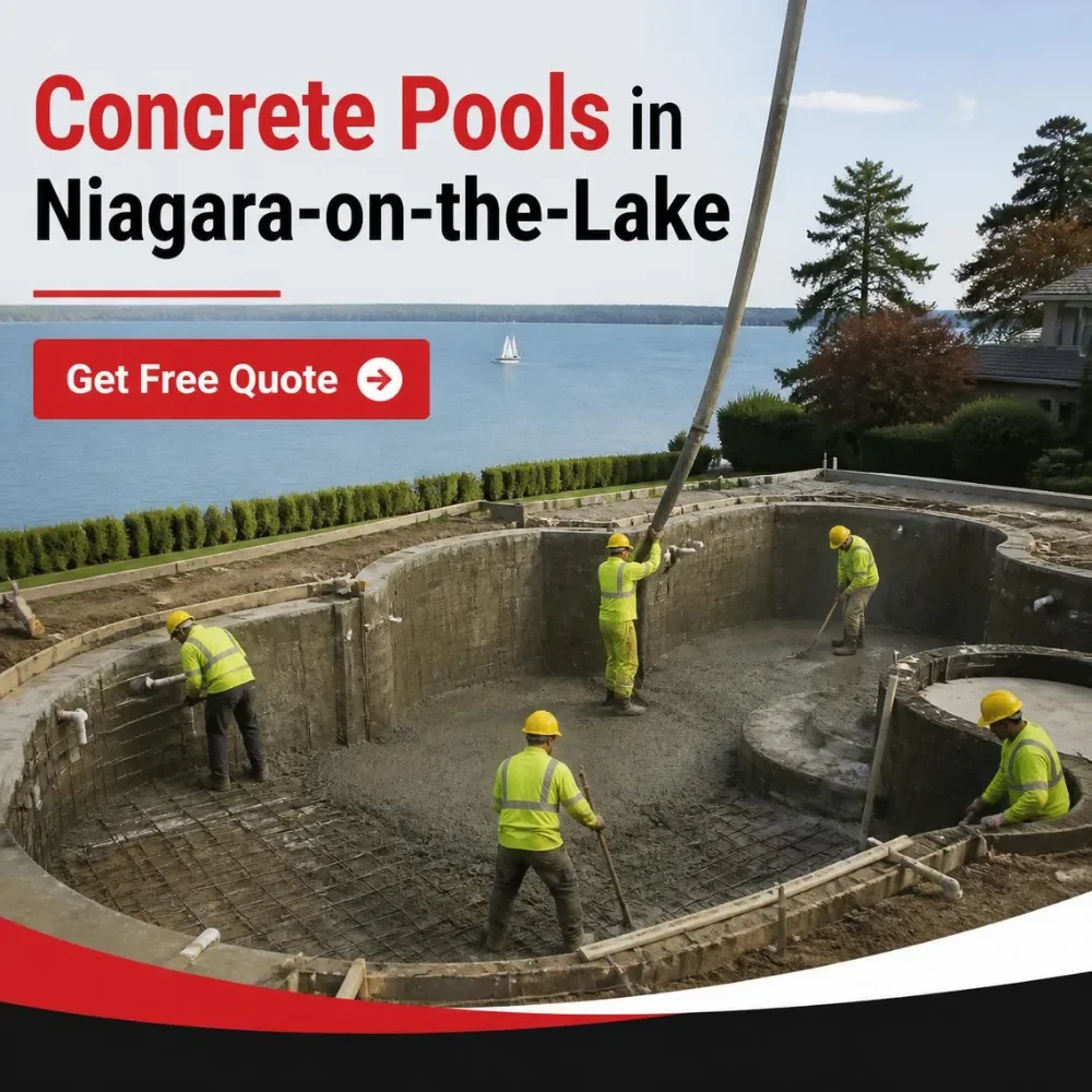 Workers leveling wet concrete in a custom pool in Niagara-on-the-Lake