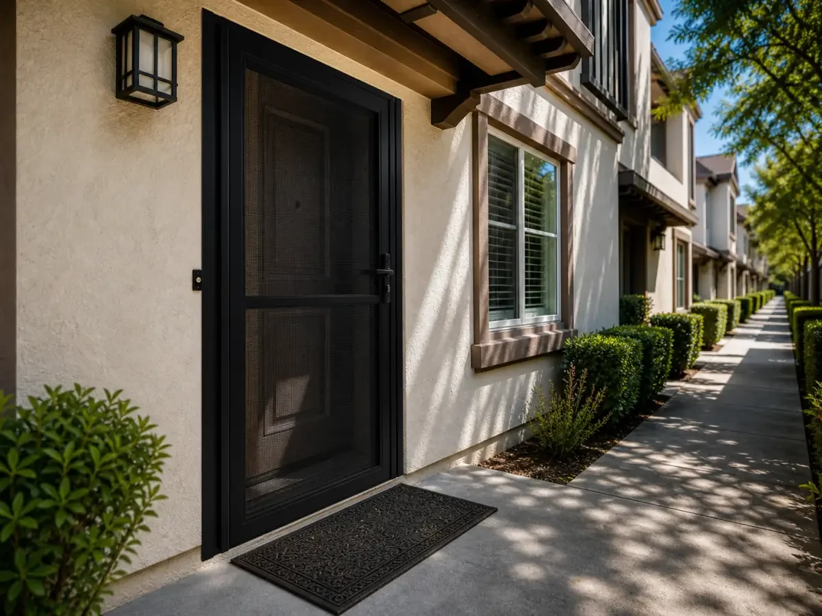 North Hollywood townhome entry with a custom BOSS security screen door