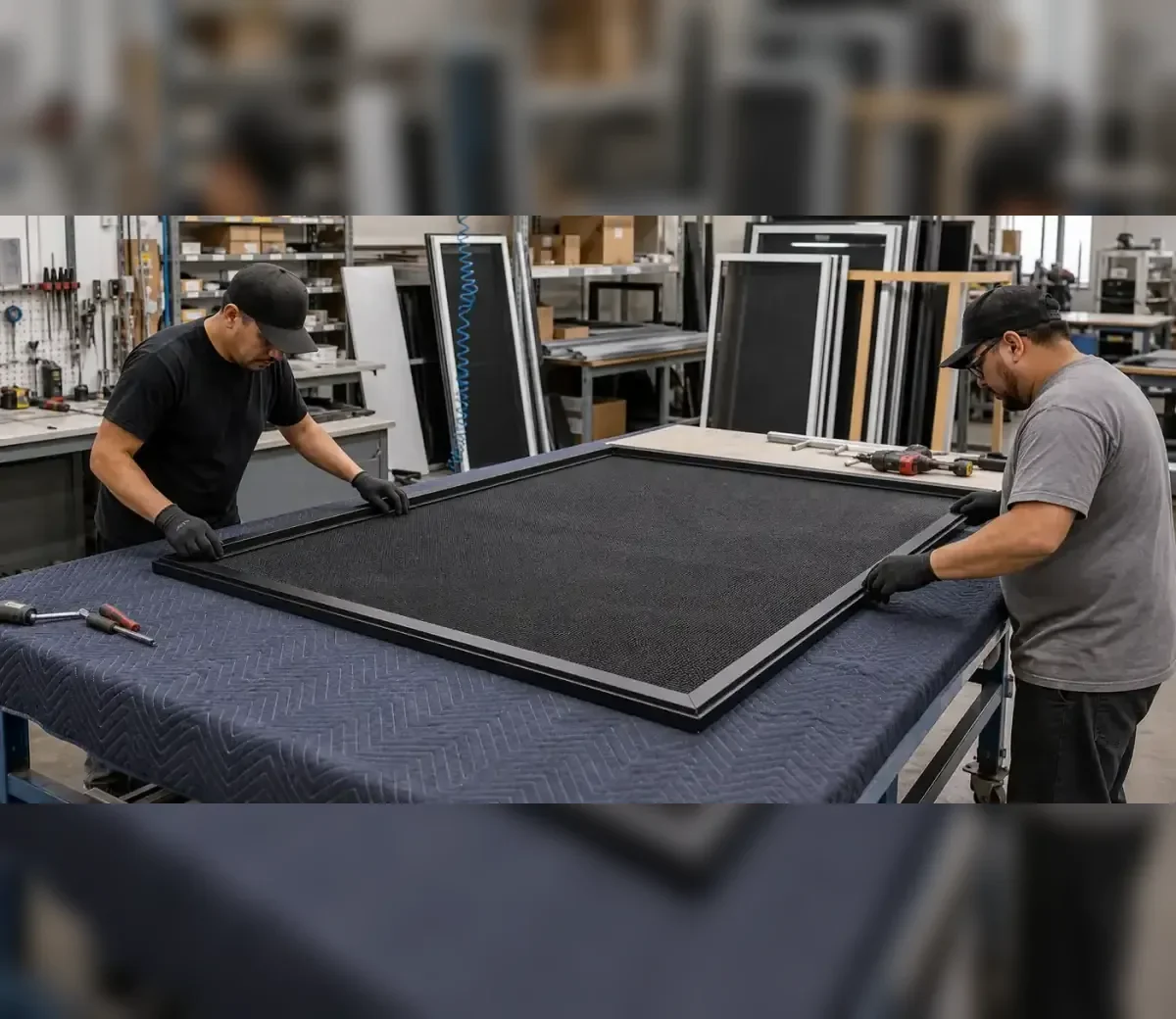 Workshop assembly of a large black security screen panel on a production table