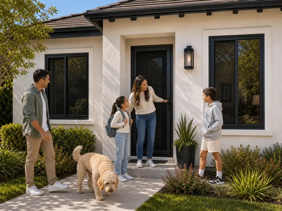 San Fernando Valley family near a home with visible security screen door and window panels