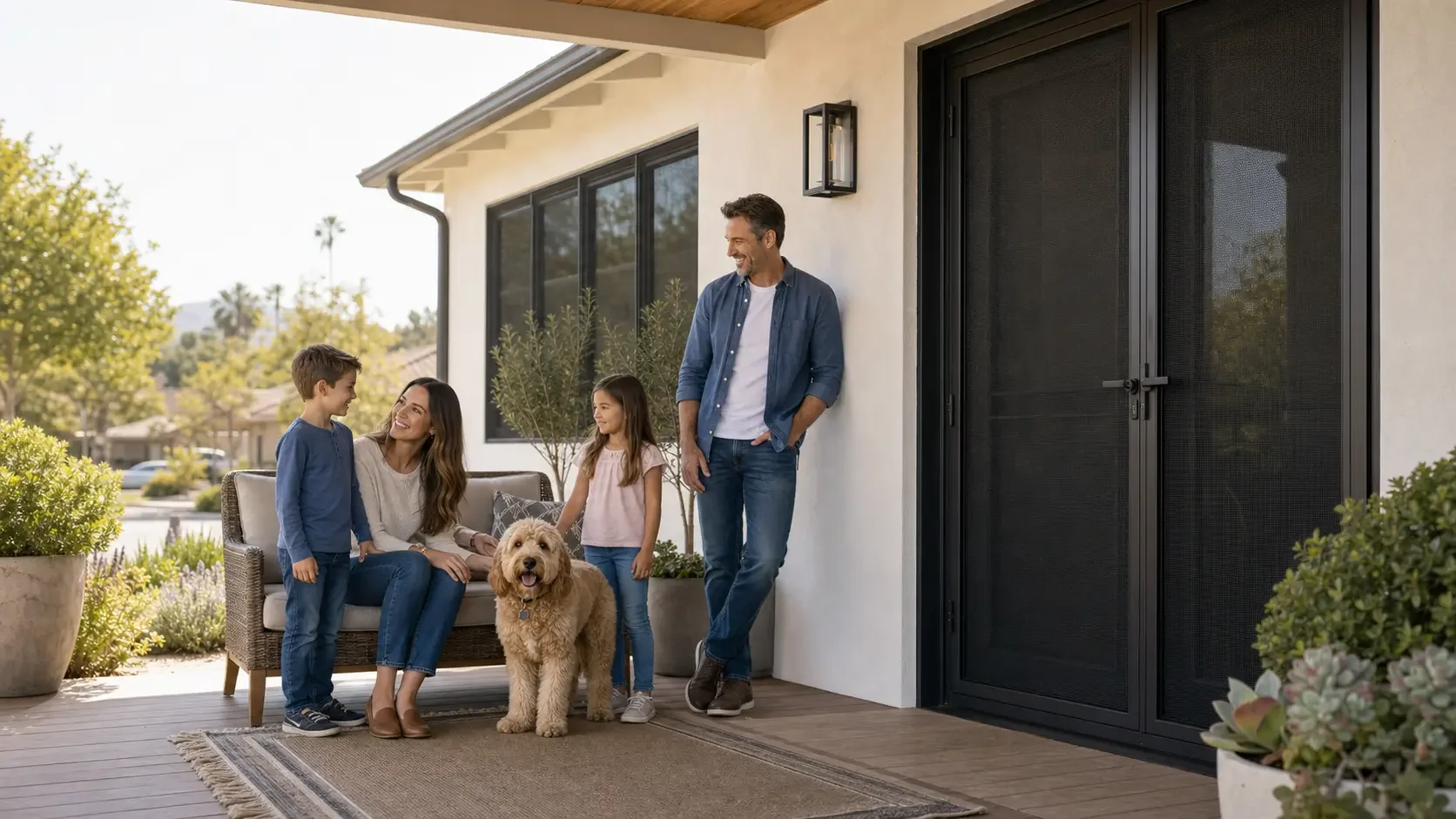 Family with a dog outside a home protected by black security screen doors and windows.