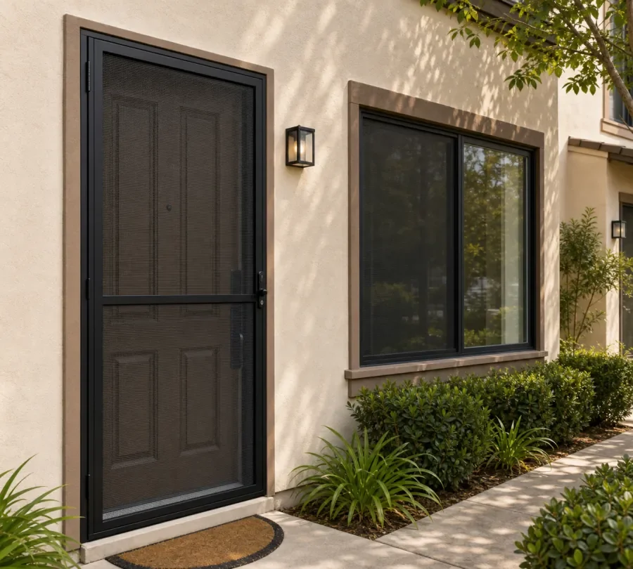 North Hollywood entry door and ground-floor window with matching security screen panels