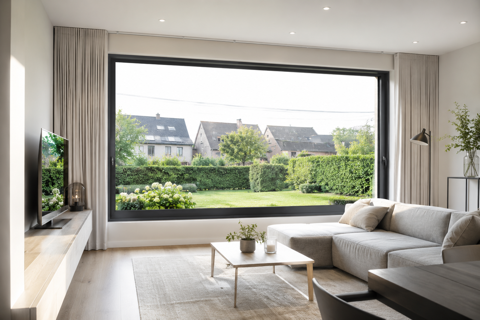 ALUNEO aluminium ramen zonwerend glas in moderne woonkamer