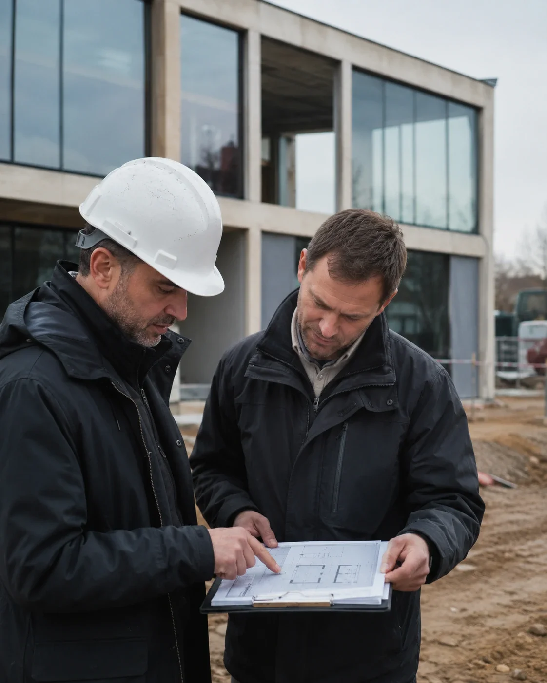 Architect en aannemer overleggen bouwtekeningen op werf nieuwbouwproject regio Antwerpen