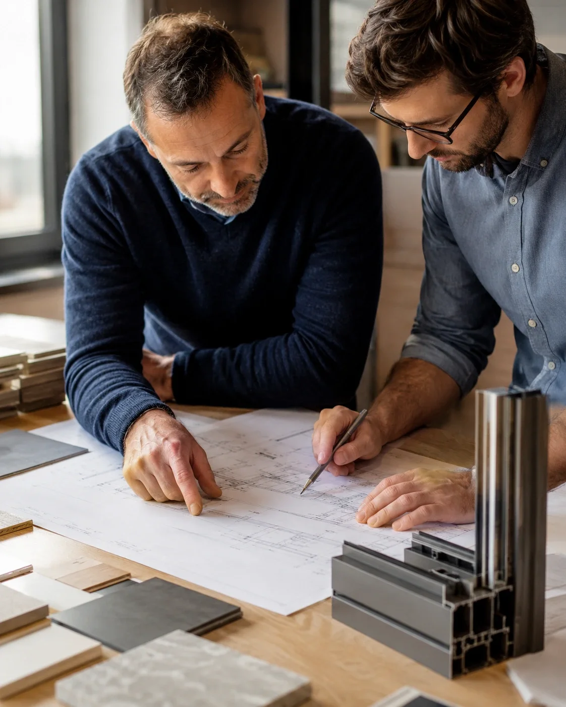 Architect en technisch adviseur bespreken raamprofiel specificaties en bouwtekeningen bij Firma Witt