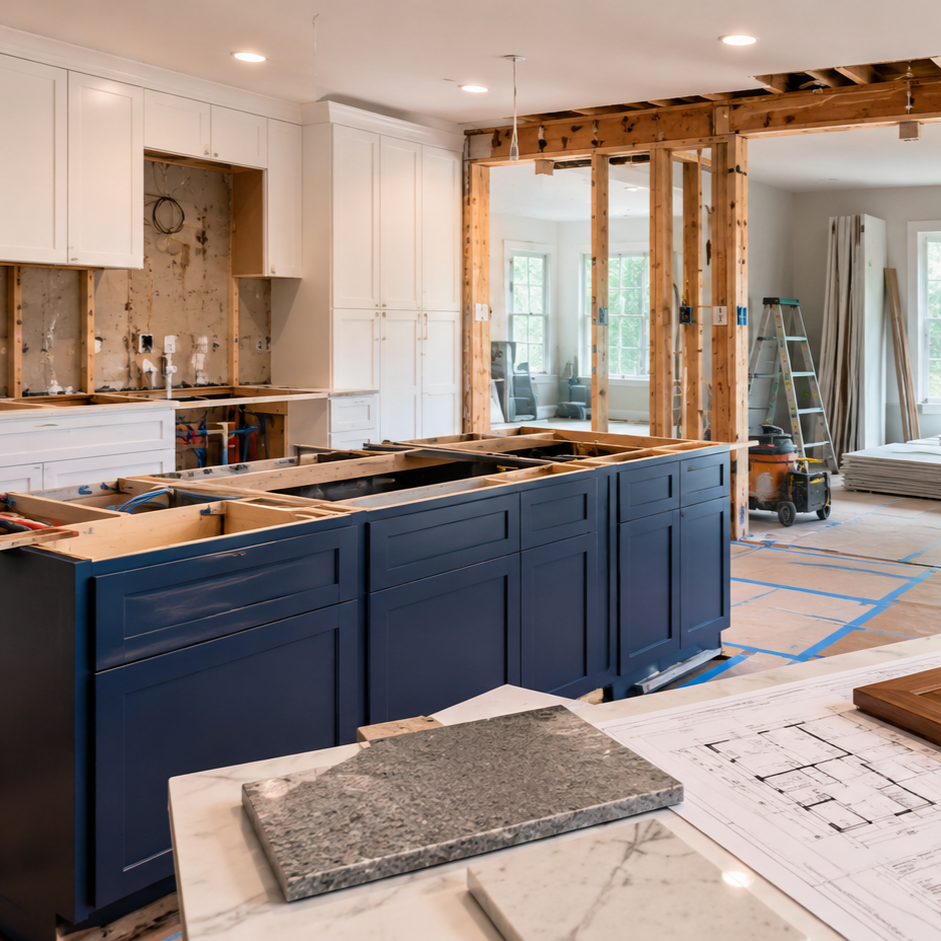 minimalist kitchen in construction with exposed pipes
