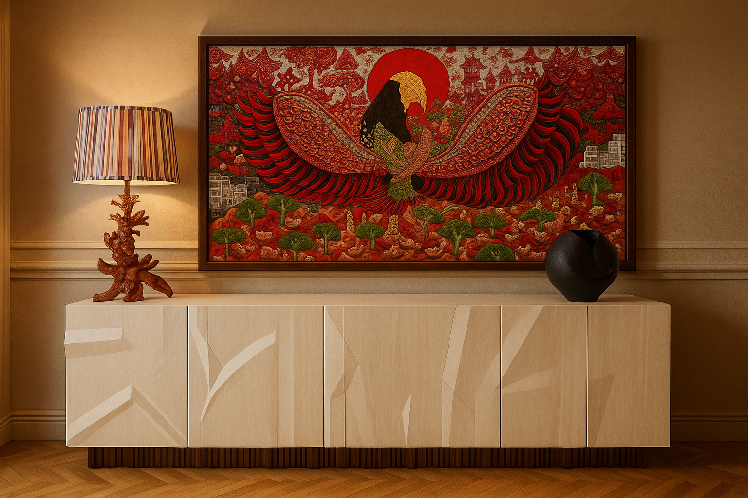 Concept visualization of red artwork above a white console with a sculptural lamp and dark vessel.