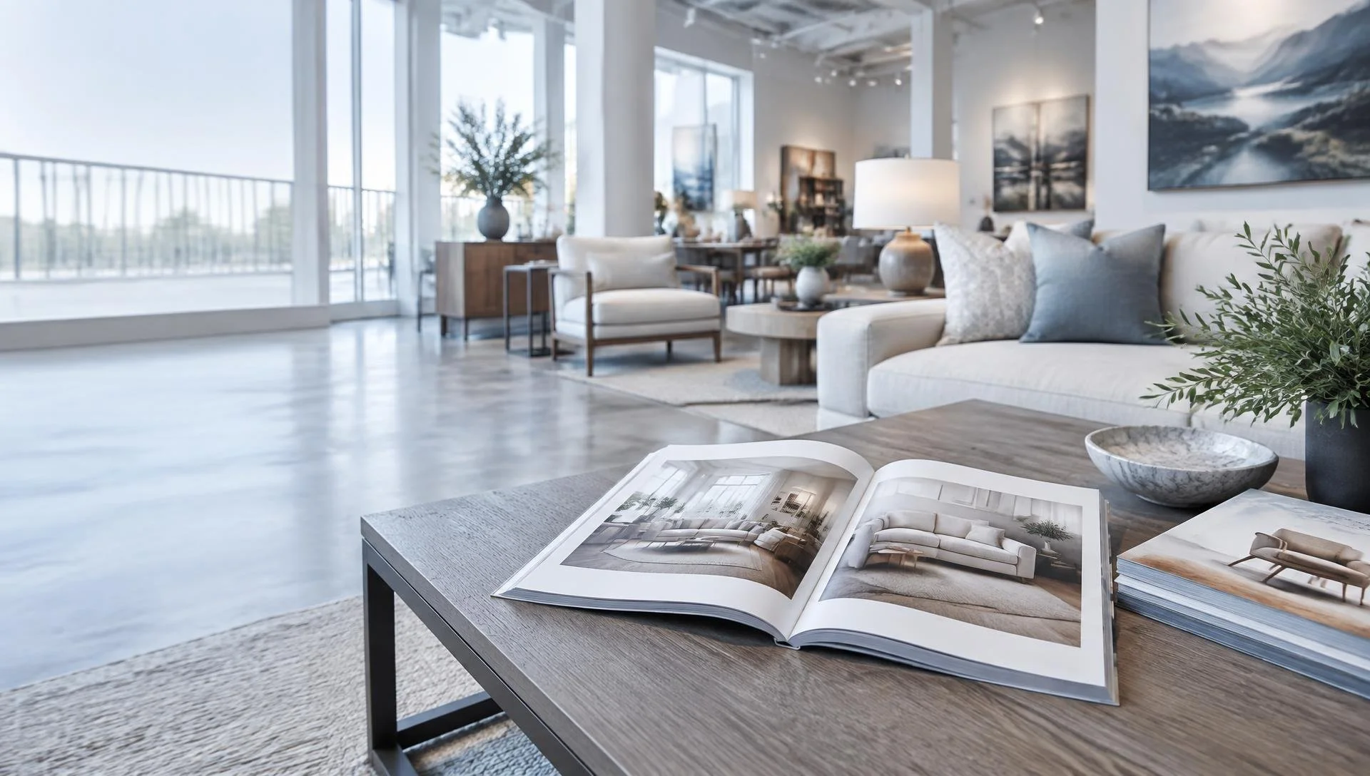 Furniture showroom with a printed product catalog