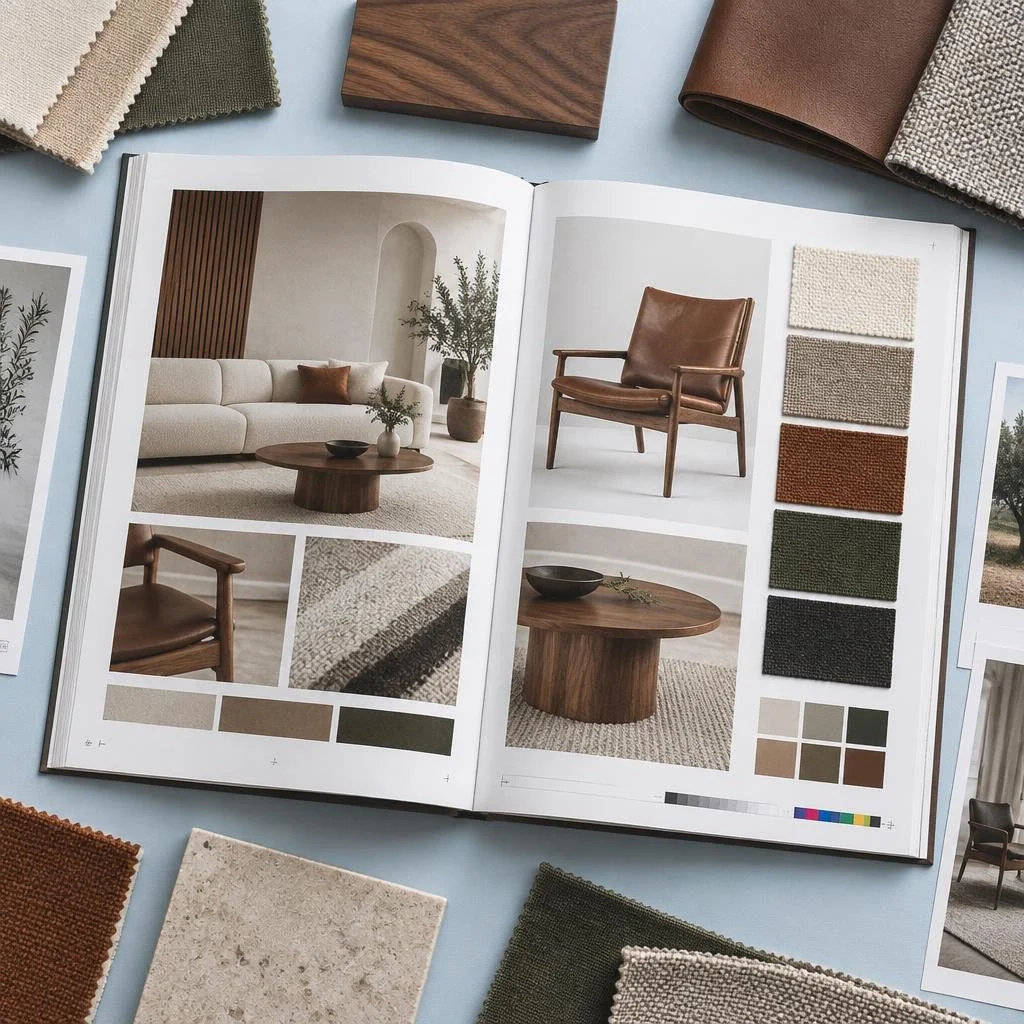 Furniture catalog with fabric, leather, and wood samples