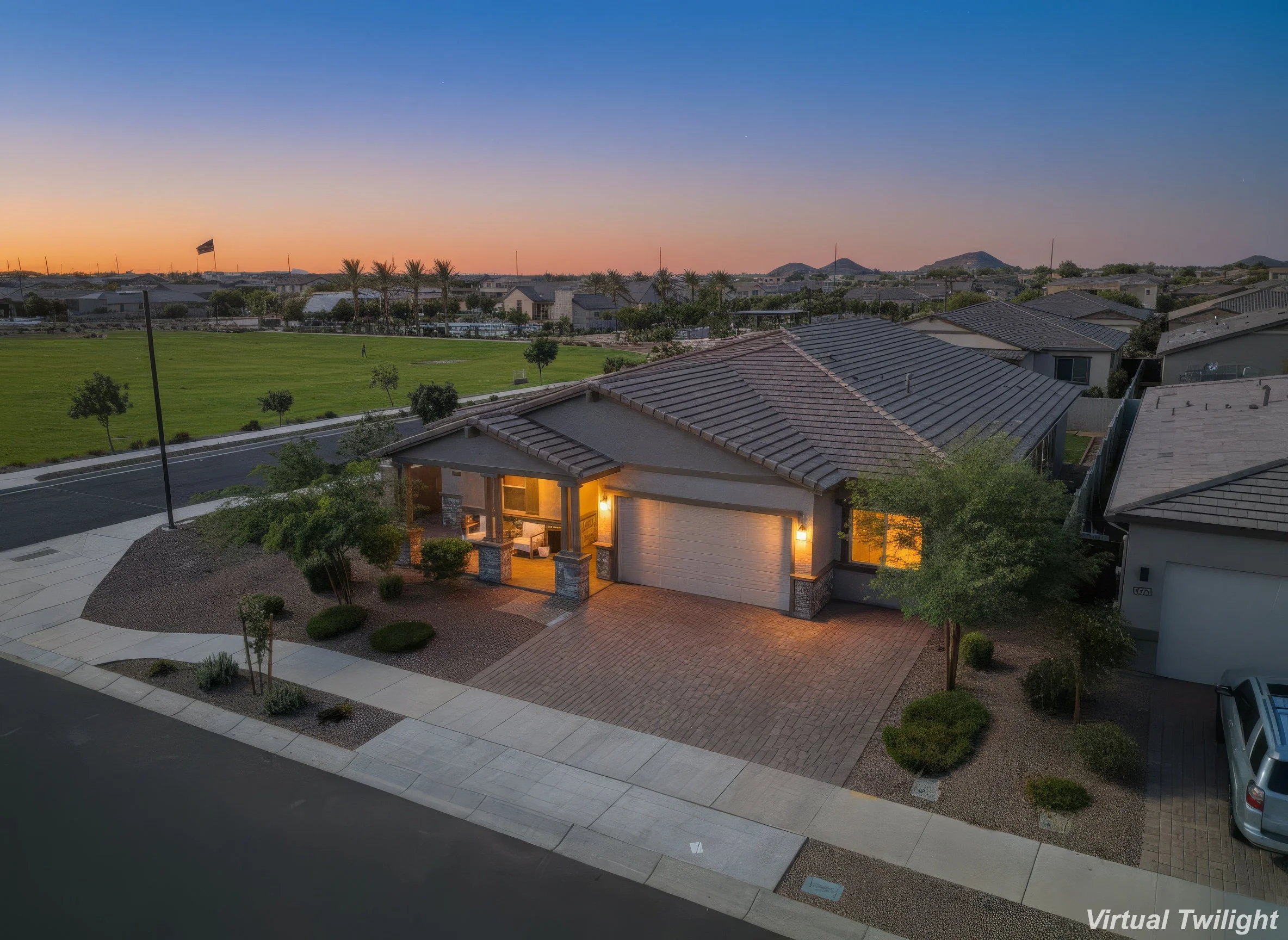 Digital twilight photo of an Arizona home at dusk