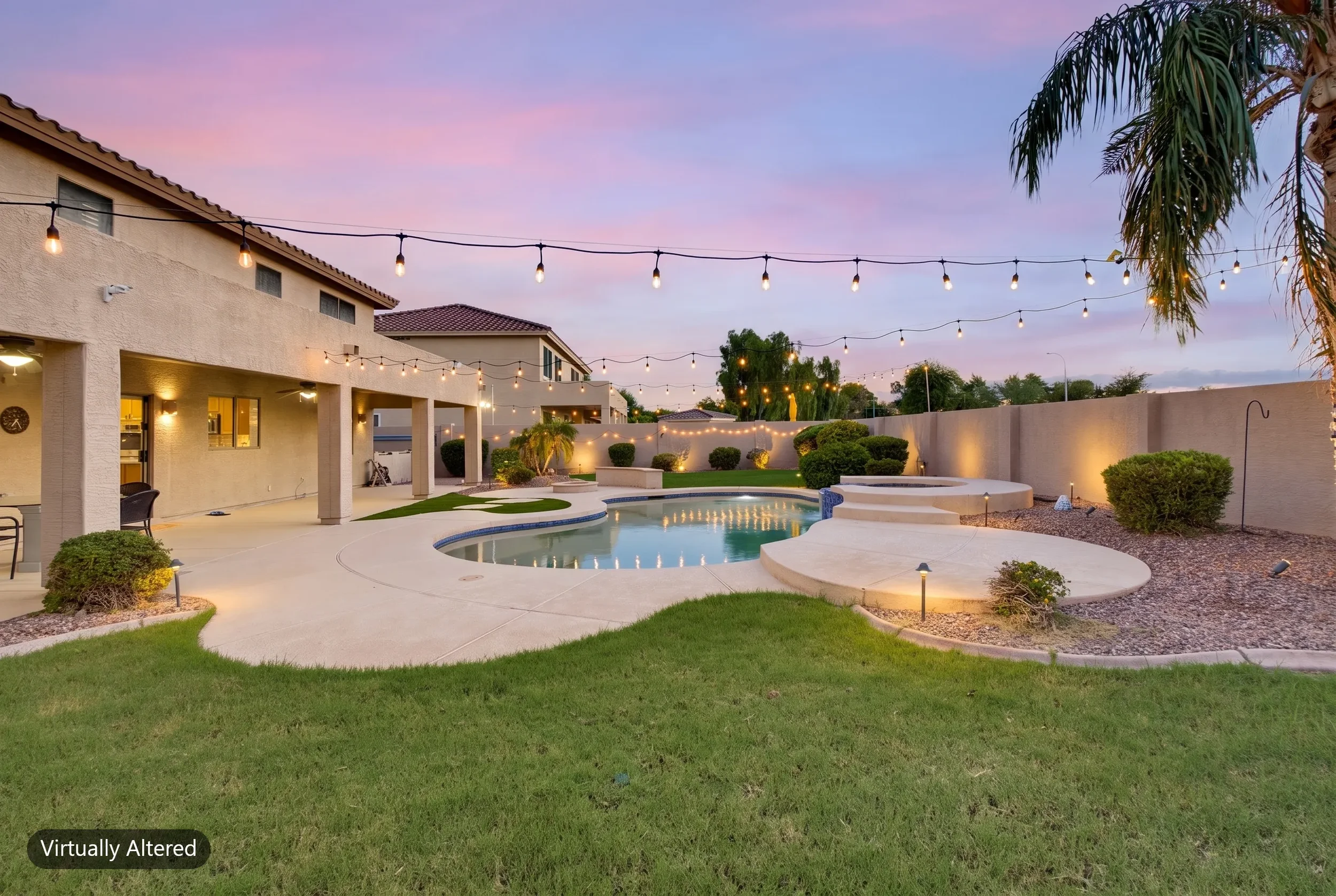 Covered patio and pool under string lights with a digital twilight sky