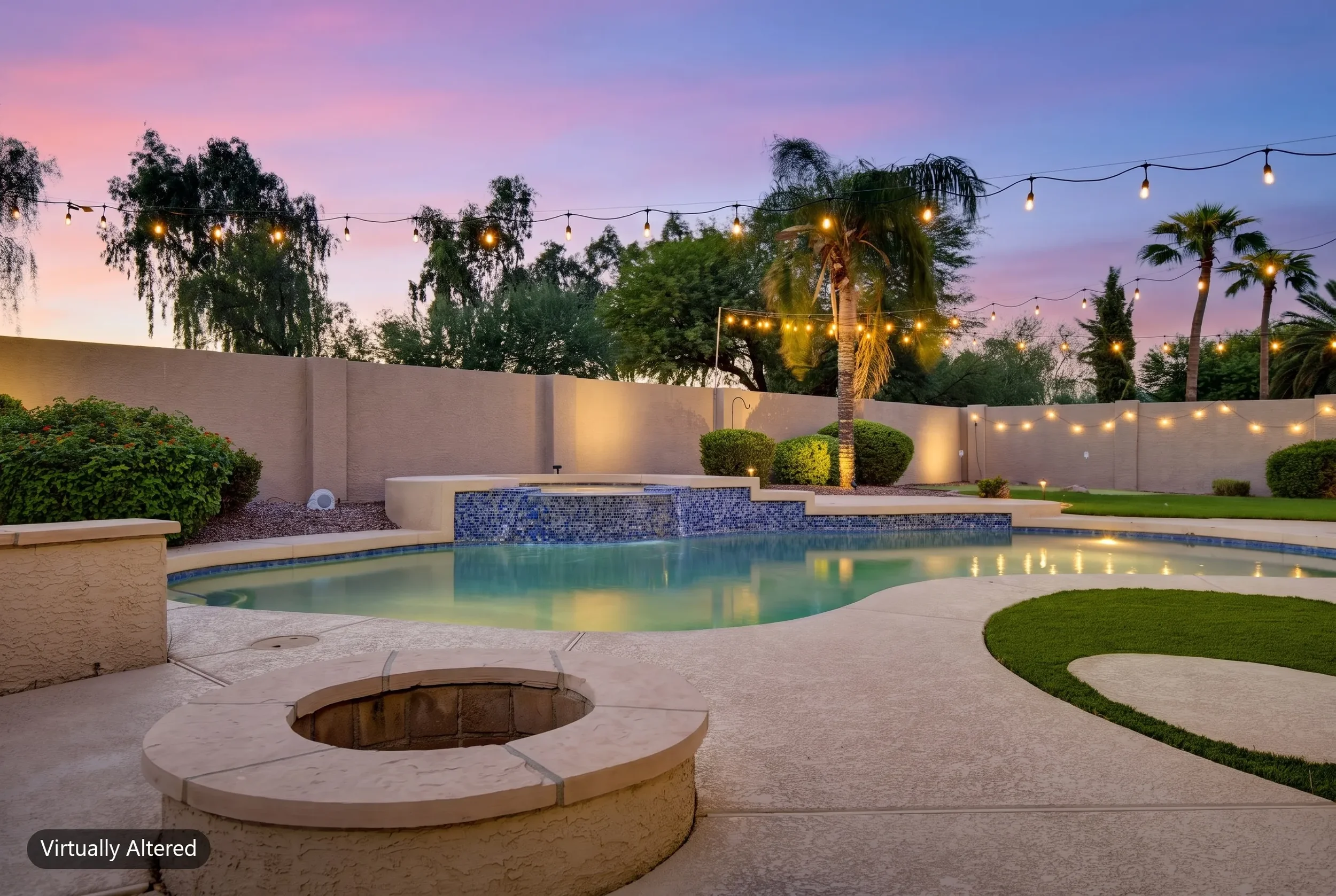 Pool, spa, and fire pit under string lights with a digital twilight sky