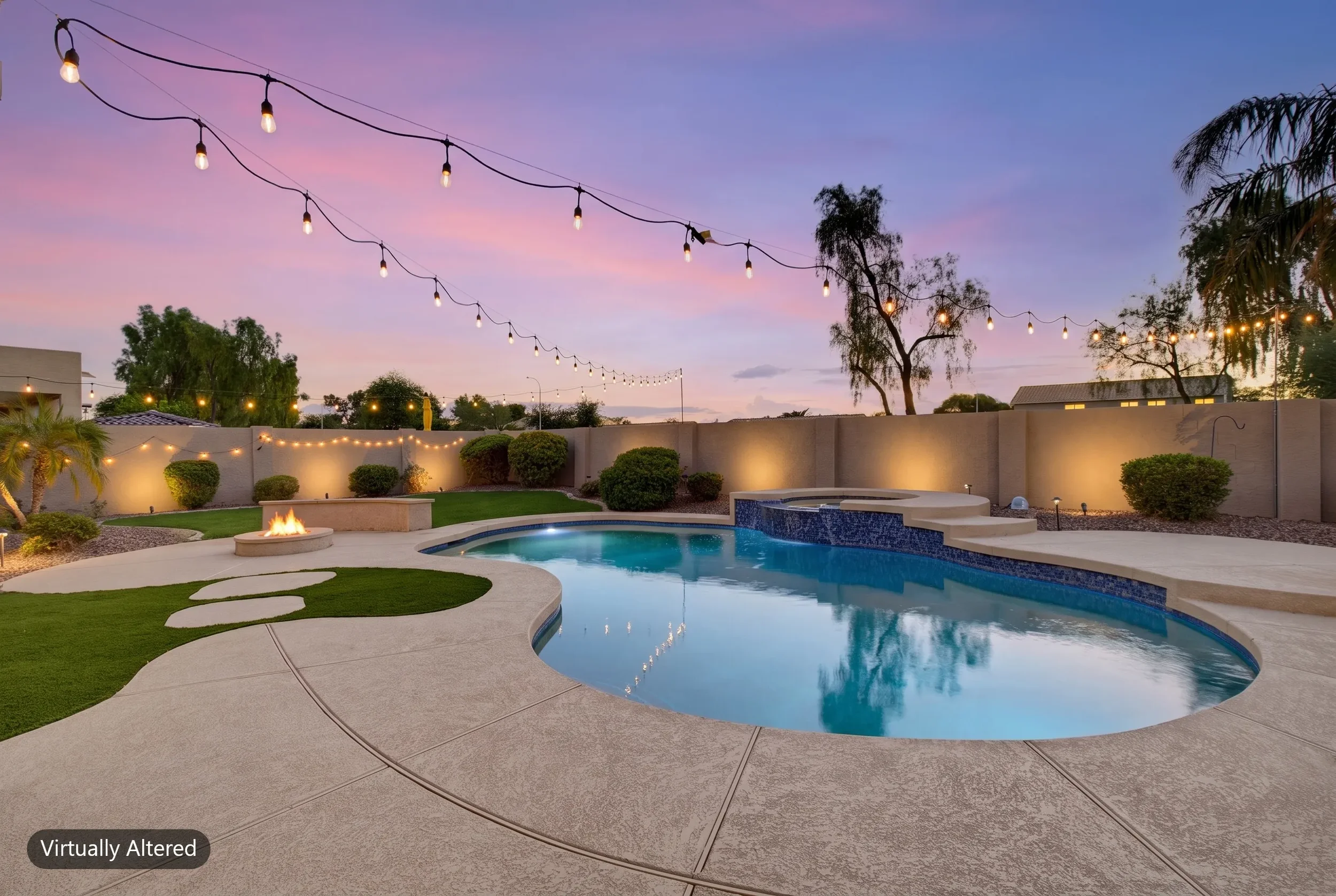 Pool, spa, and lit fire pit under string lights with a digital twilight sky