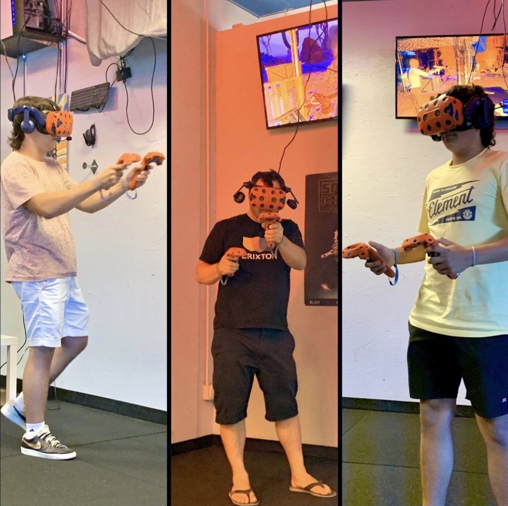 Three-panel collage of players wearing orange VR headsets and holding matching motion controllers.