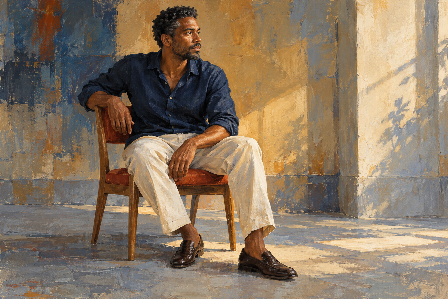 A figure in a dark blue shirt and pale trousers sits on a wooden chair, looking toward daylight against ochre and blue-gray walls.