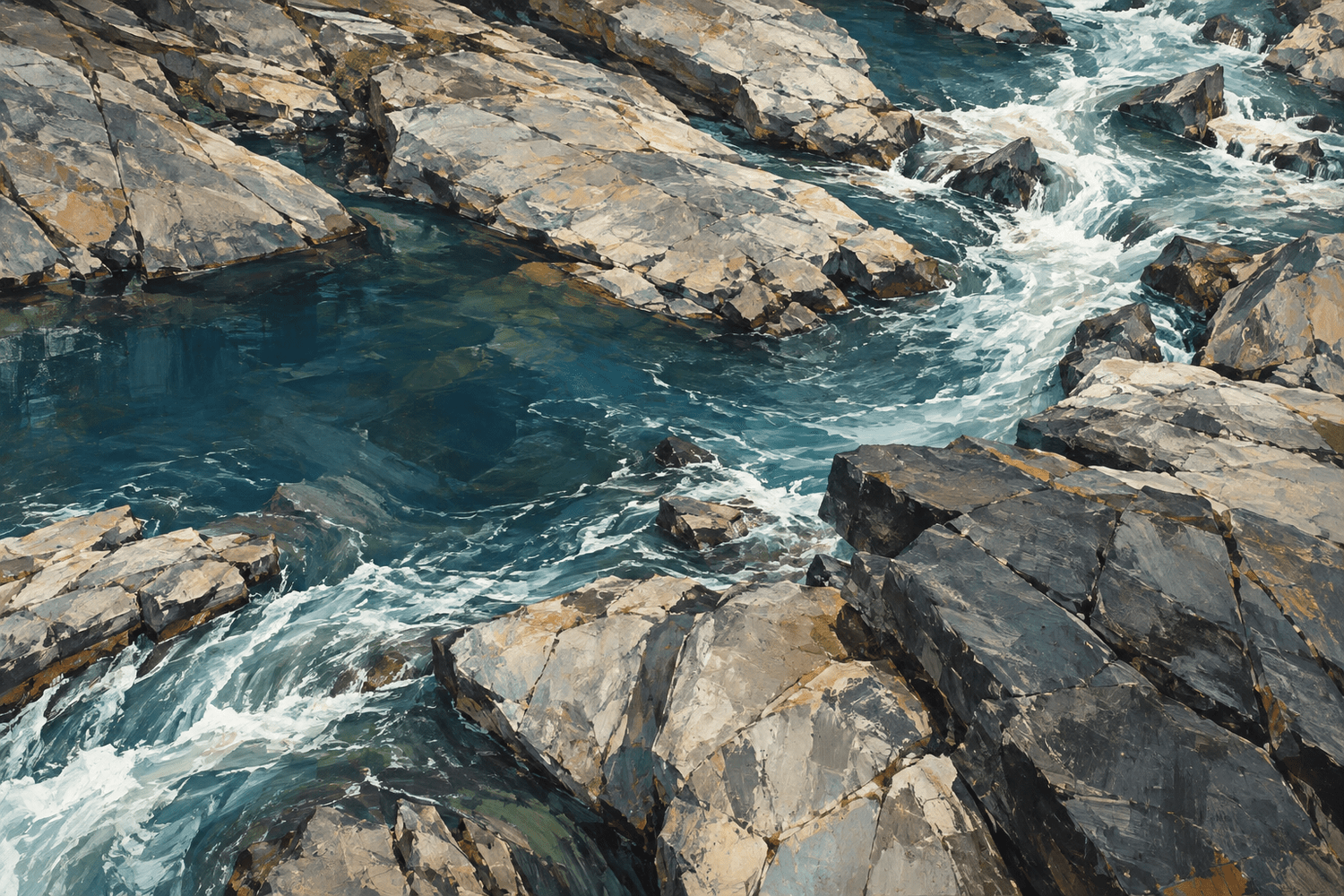 Elevated painterly view of blue-green water and white currents flowing diagonally between broad gray and warm-toned rock slabs.