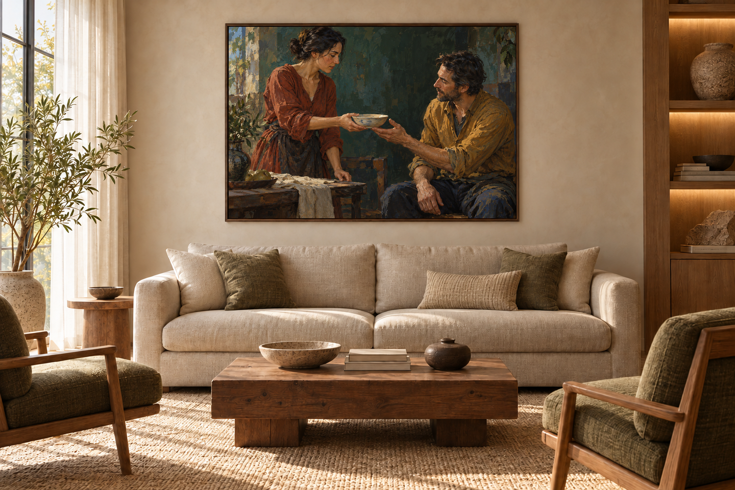 Conceptual lounge with Passed Between framed above a cream sofa, olive-toned armchairs, a wooden coffee table and daylight from a tall window.