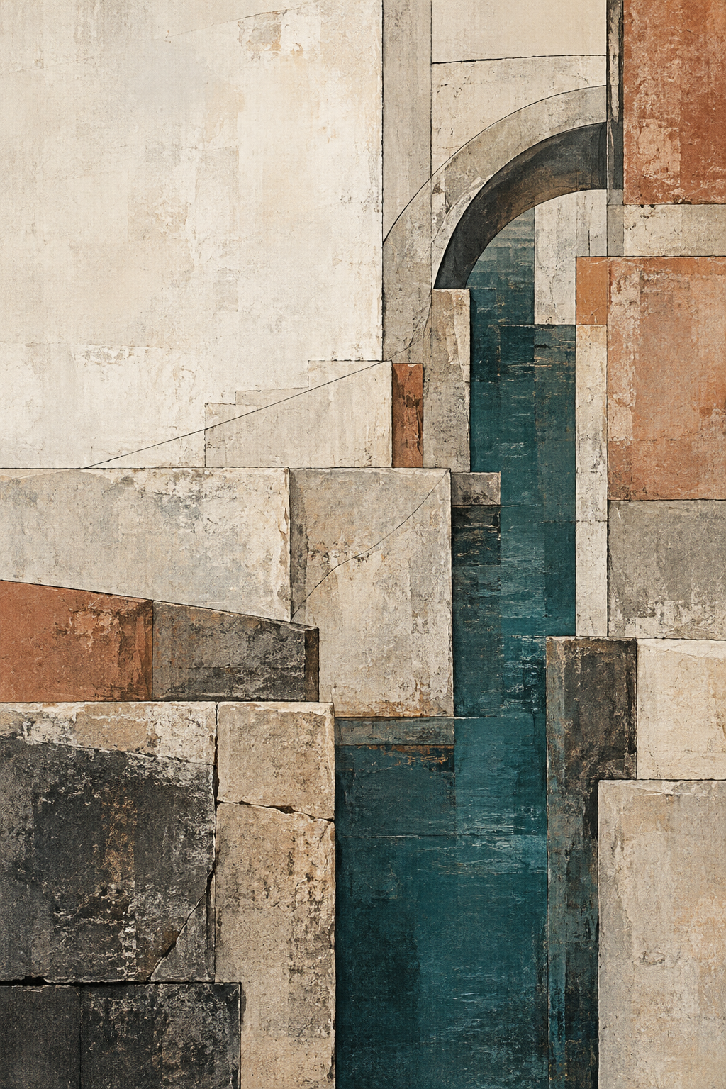Vertical architectural abstraction with a deep teal channel, pale stone-colored blocks, terracotta planes, thin dark lines and a curved charcoal arch.