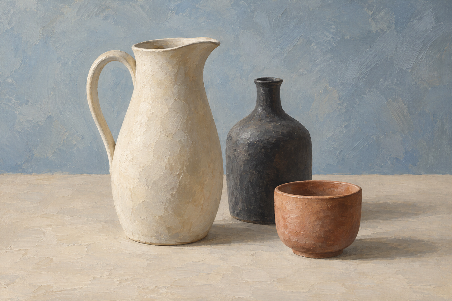 An ivory pitcher, a charcoal-colored bottle and a low terracotta-colored vessel rest on a pale tabletop against a blue-gray background.