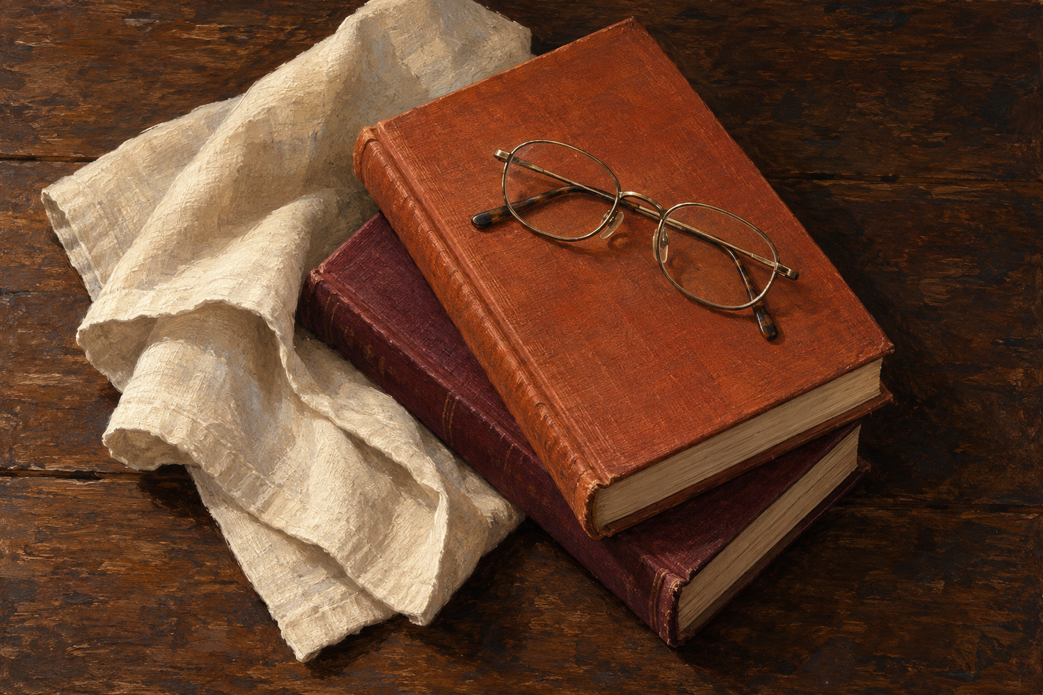 A pair of metal-framed glasses rests on two closed rust and burgundy books beside draped cream cloth on a dark wooden tabletop.