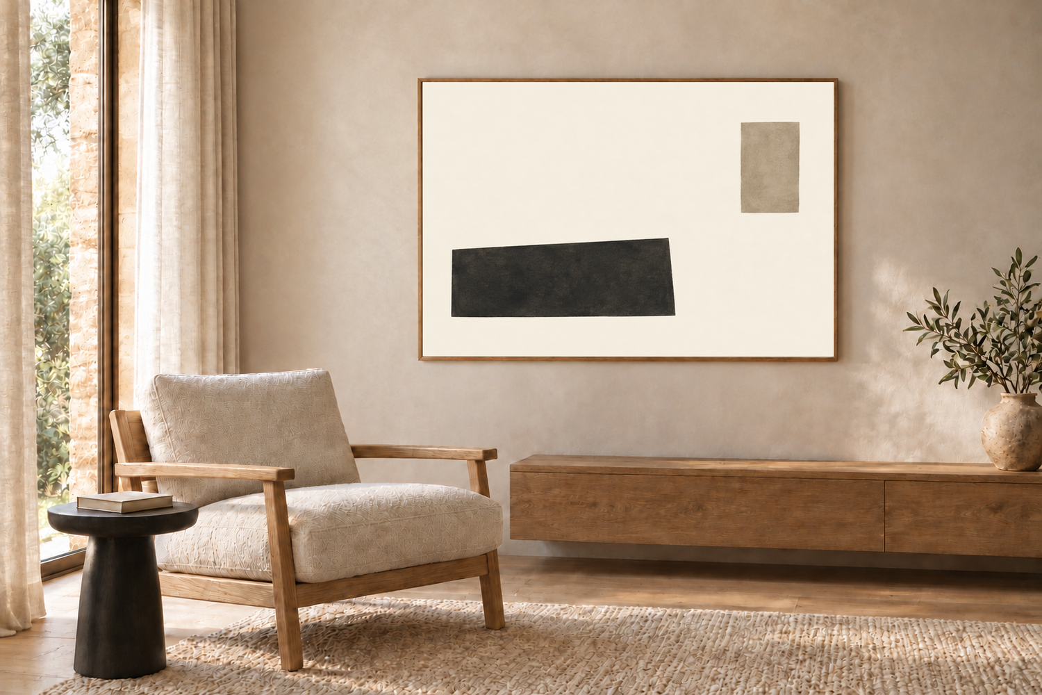 Conceptual reading retreat with Counterweight in a wood frame above a low cabinet, an ivory-upholstered wooden chair, a dark side table and soft window light.