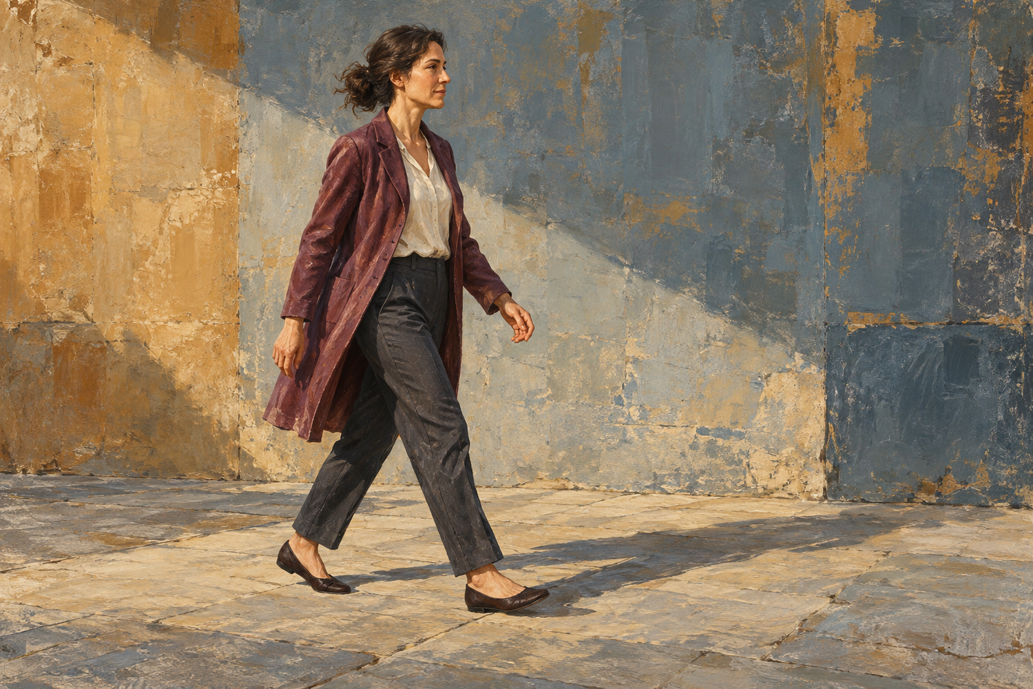 A woman in a plum coat, ivory blouse and charcoal trousers walks to the right across a stone floor, casting a long shadow against blue-gray and ochre walls.