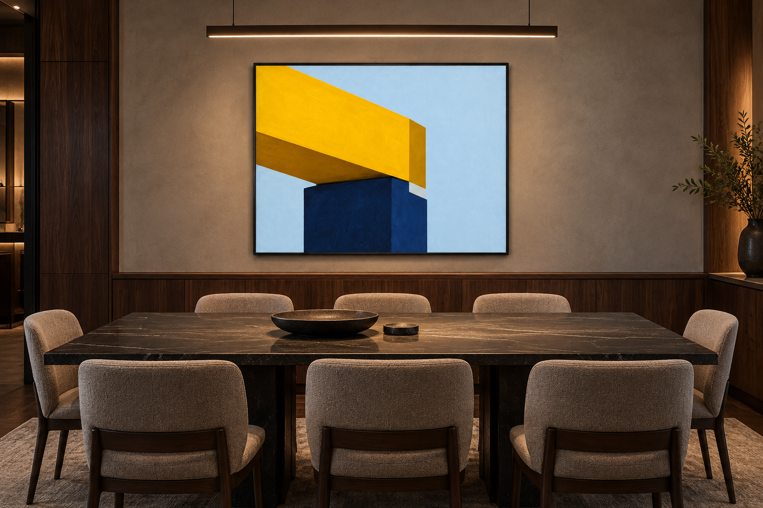 Conceptual private dining room with Yellow Bearing in a black frame above dark wood paneling, a dark rectangular table, upholstered chairs and a linear pendant.