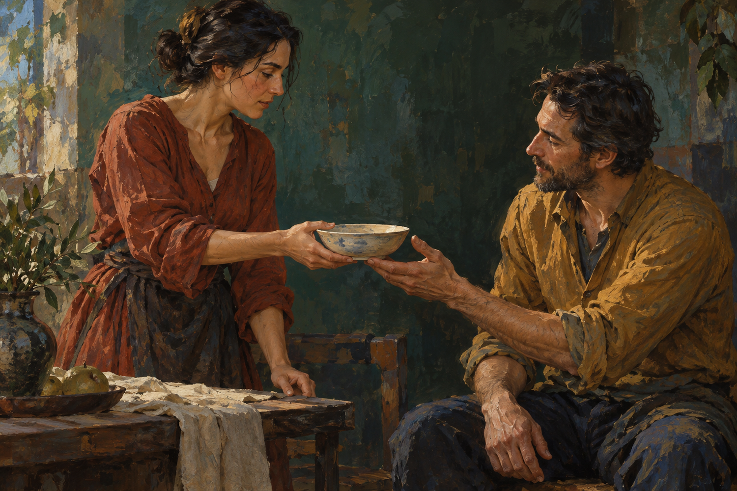 A standing person in rust clothing offers a blue-patterned bowl to a seated person in an ochre shirt against a dark green background.
