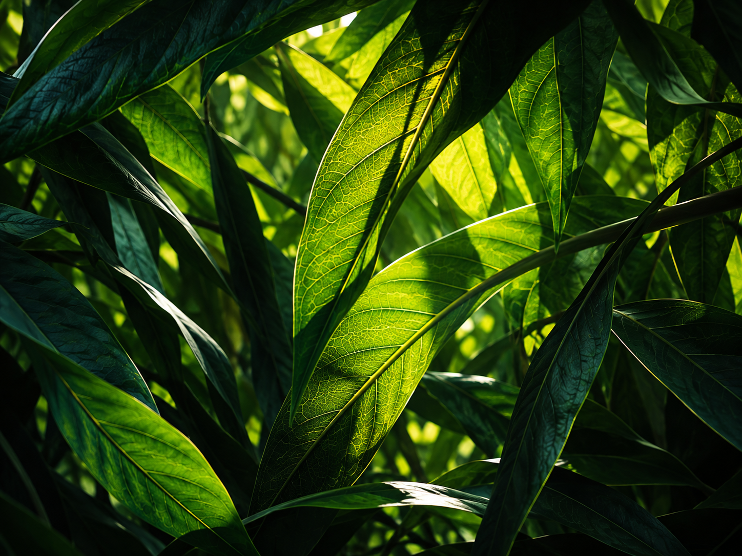 Backlit narrow leaves reveal yellow-green veins among overlapping deep green foliage.