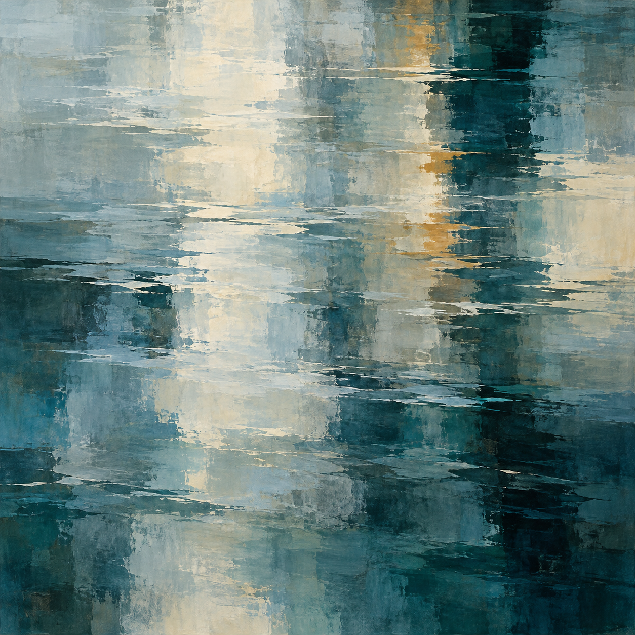Square abstraction of blue-gray and deep teal passages crossed by broken ivory marks and restrained ochre accents.