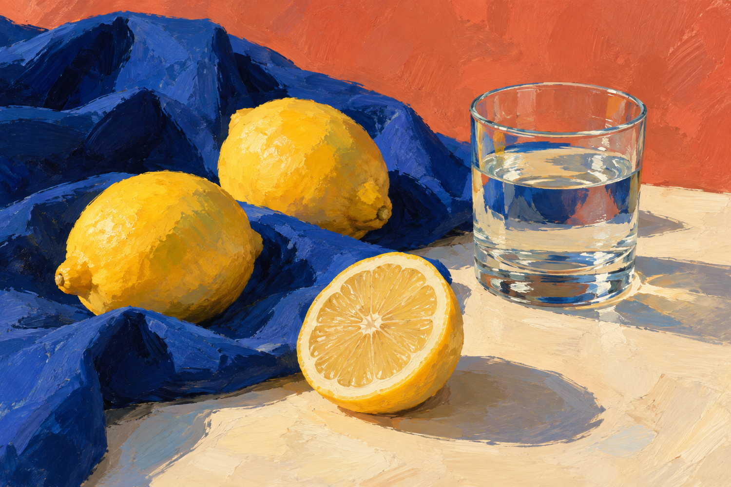 Two whole lemons and a lemon half sit beside cobalt-blue cloth and a clear glass of water on a pale tabletop against a coral background.
