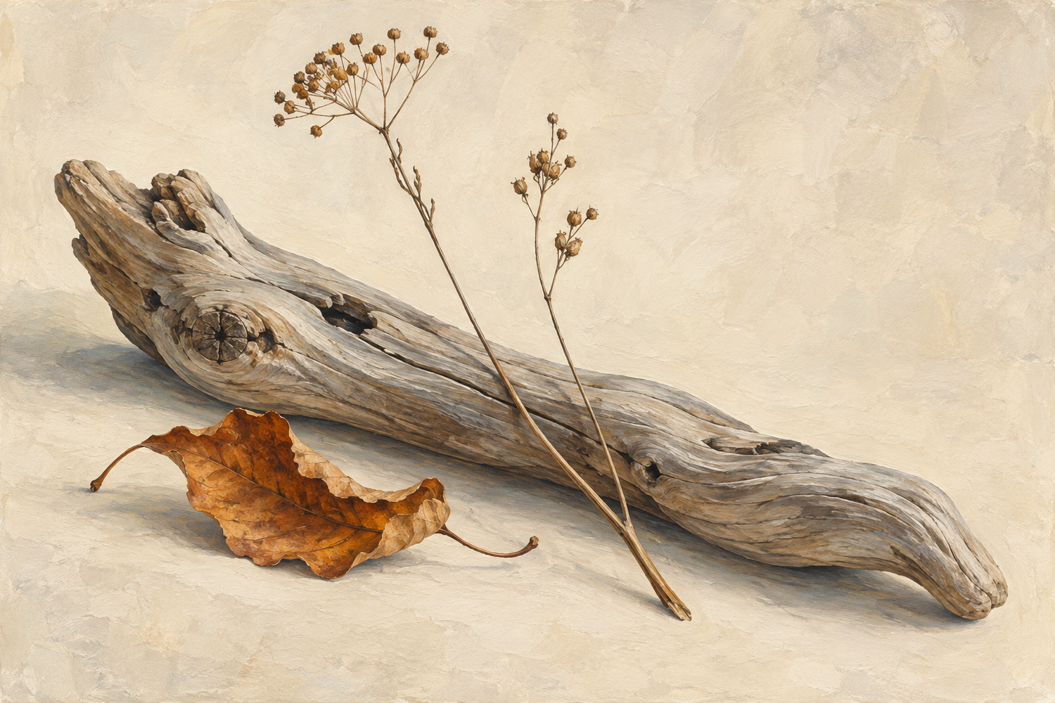 Pale weathered driftwood rests on an ivory ground beside two dried seed stems and a curled ochre leaf.