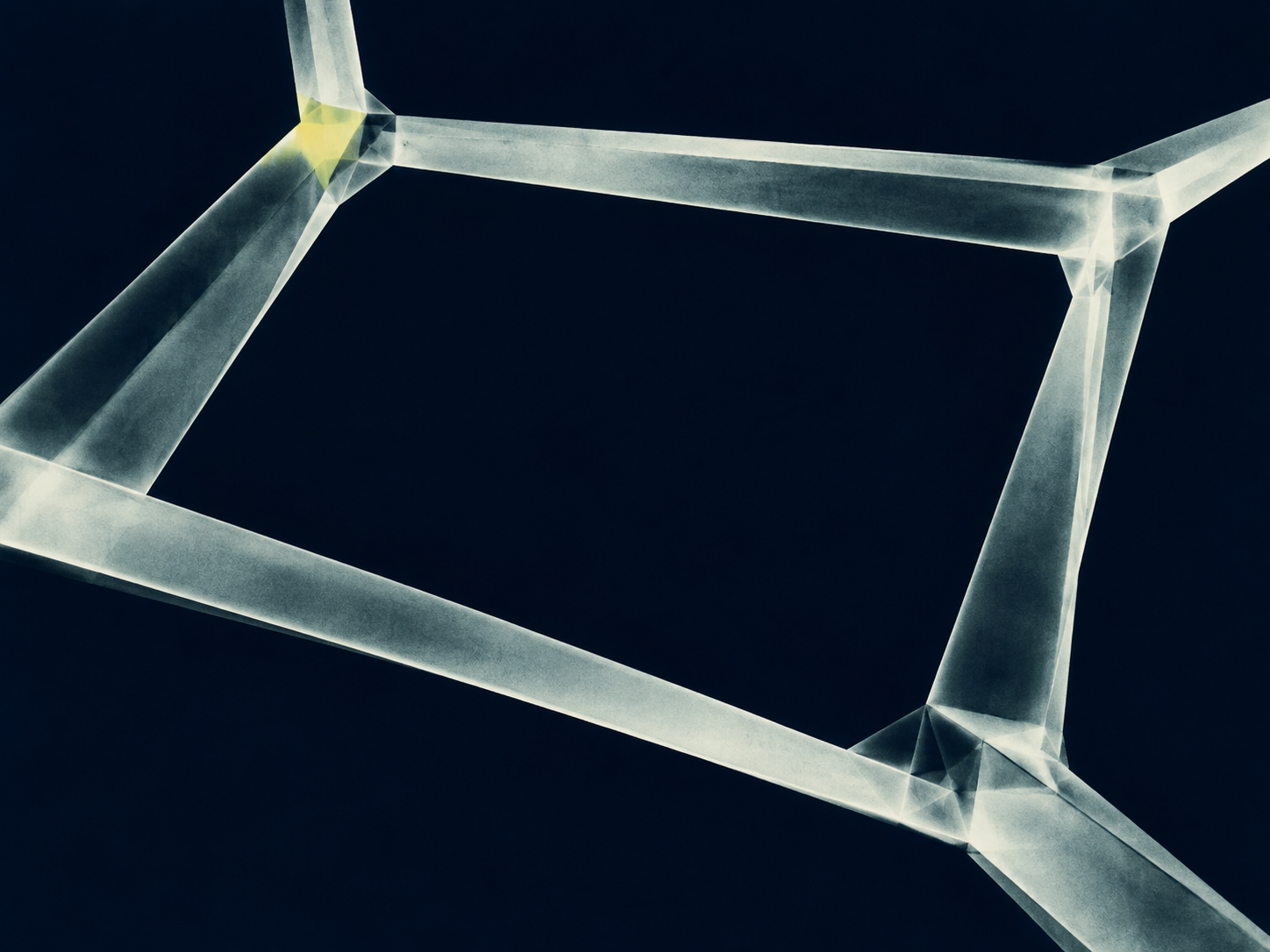 Translucent pale structural bands join around a dark four-sided opening on a near-black blue field, with a small yellow accent at the upper-left joint.