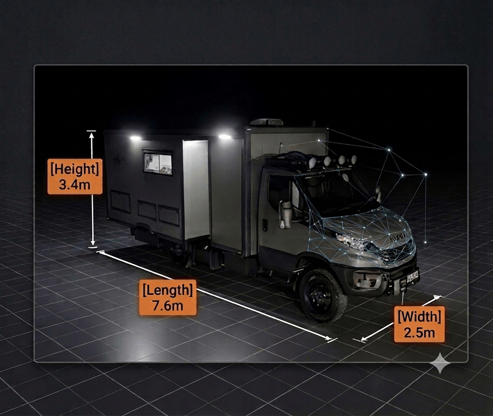 3D rendered dimension callout of the Latitude ibeX 4x4 showing 7.6m length, 3.4m height, and 2.5m width