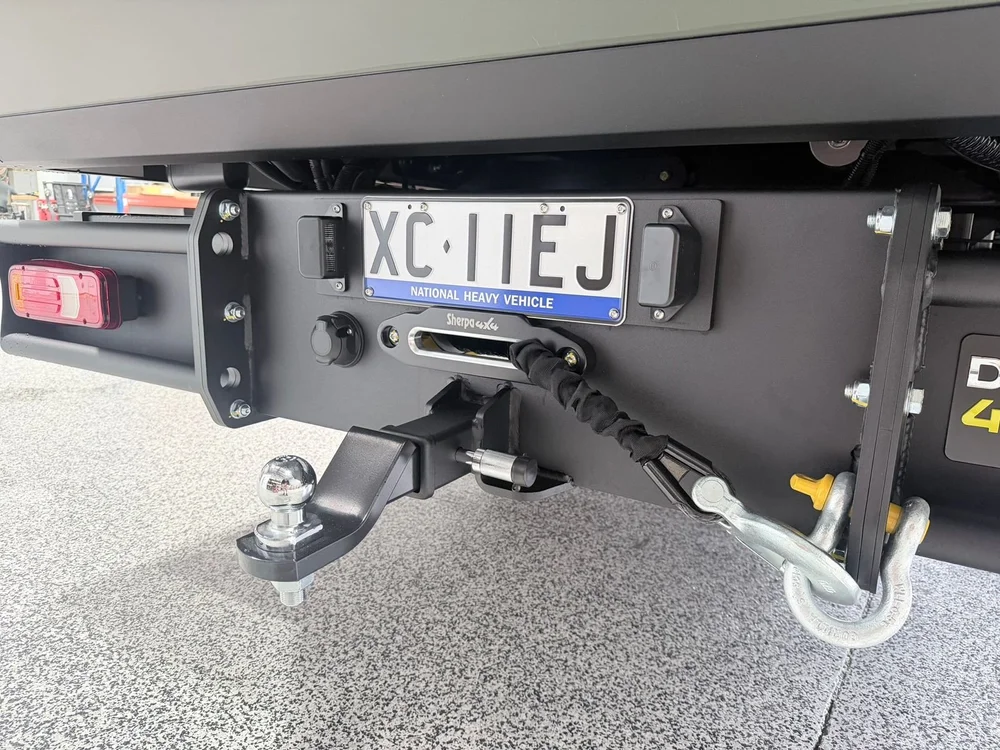 Rear Sherpa 4x4 recovery point and tow hitch, close-up