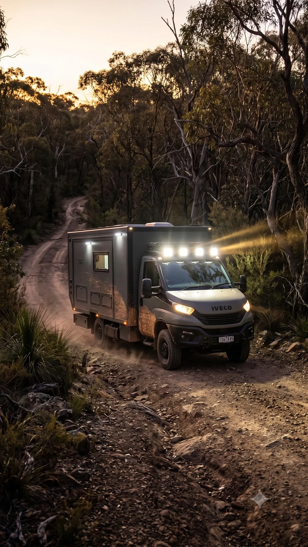 Latitude ibeX 4x4 driving a dusty bush track at dusk, driving lights on