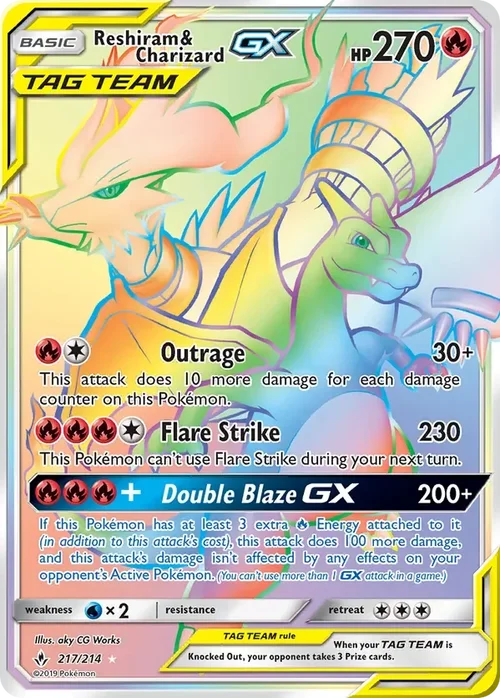 217/214 Reshiram & Charizard GX Rainbow Rare Pokemon Card