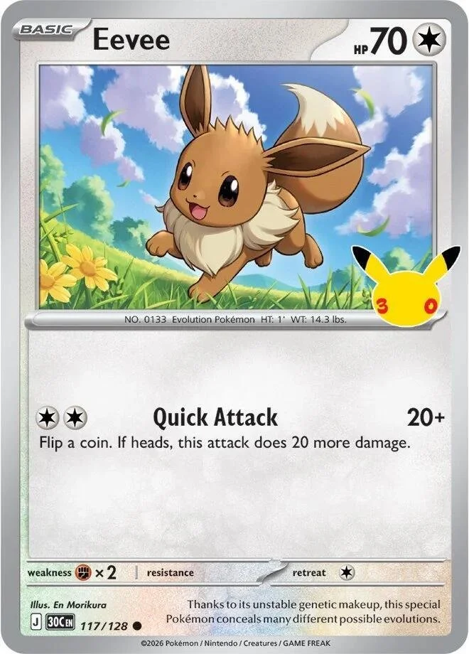 117/128 Eevee Common Pokemon 30th Anniversary Card List Celebration