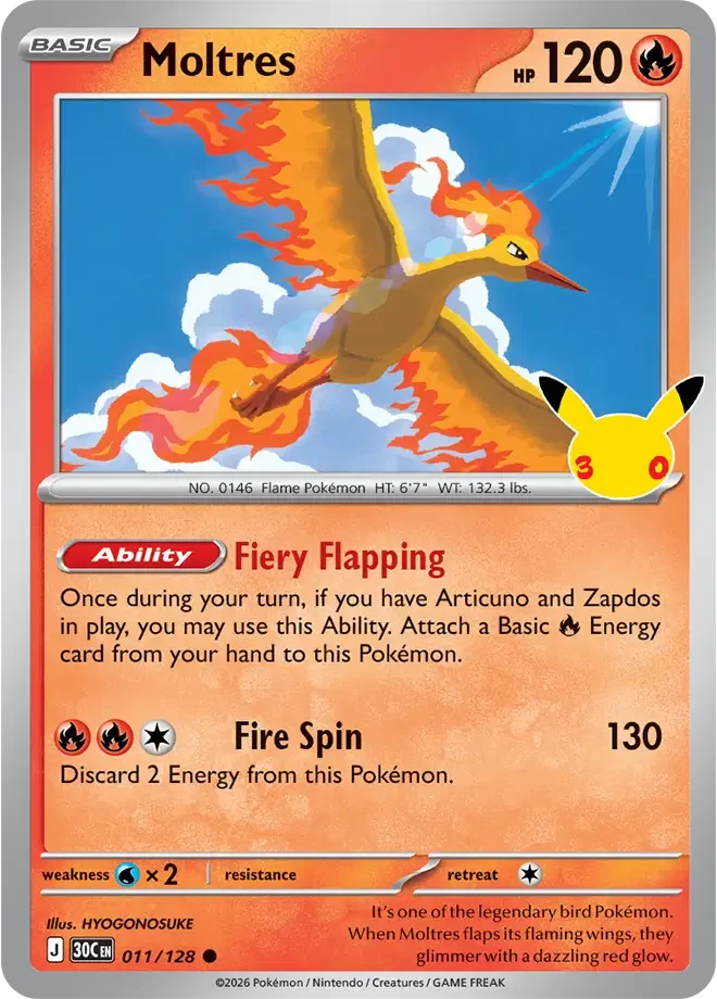 011/128 Moltres Common Pokemon 30th Anniversary Card List Celebration
