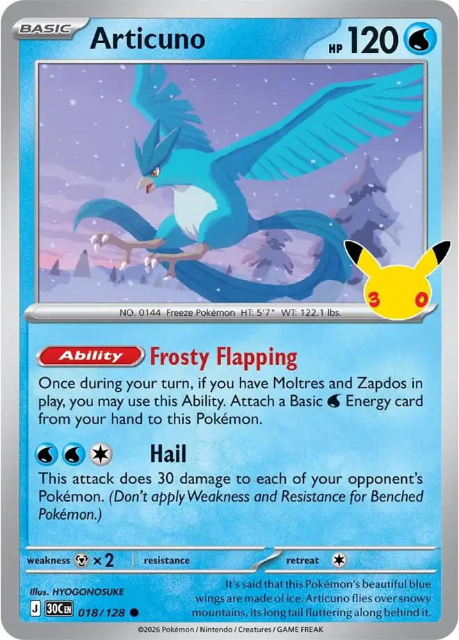 018/128 Articuno Common Pokemon 30th Anniversary Card List Celebration