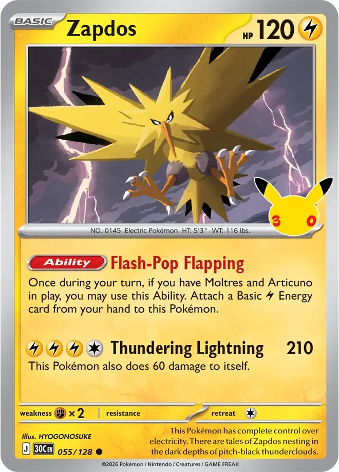 055/128 Zapdos Common Pokemon 30th Anniversary Card List Celebration