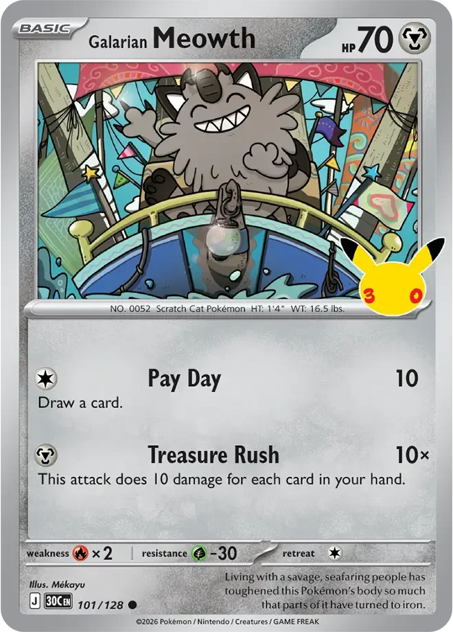 101/128 Galarian Meowth Common Pokemon 30th Anniversary Card List Celebration