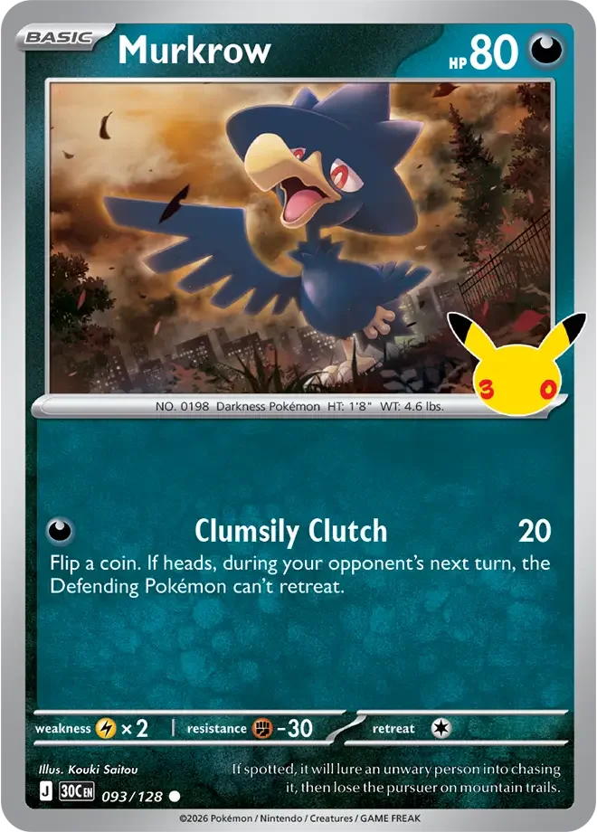 093/128 Murkrow Common Pokemon 30th Anniversary Card List Celebration