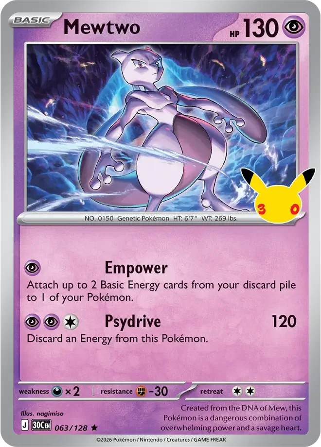 063/128 Mewtwo Rare Pokemon 30th Anniversary Card List Celebration