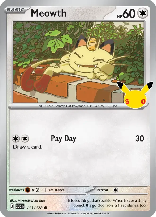 113/128 Meowth Promos Pokemon 30th Anniversary Card List Celebration
