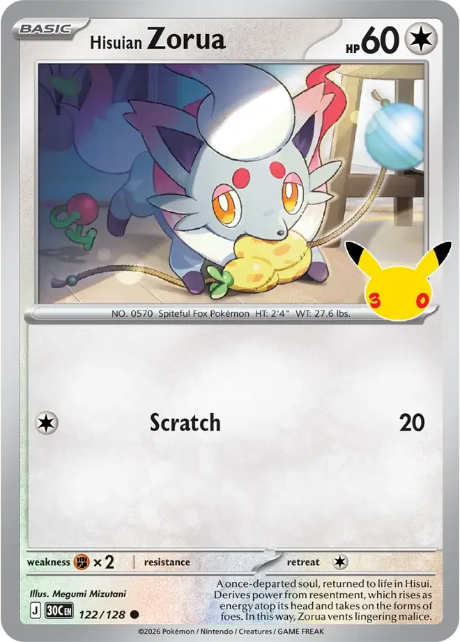 122/128 Hisuian Zorua Common Pokemon 30th Anniversary Card List Celebration