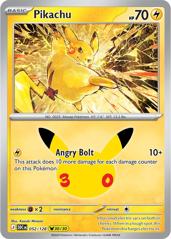 052/128 Pikachu Pokemon 30th Anniversary Card List Celebration